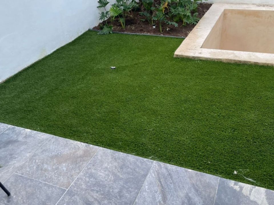 Jardín moderno con pasto y andador de piedra